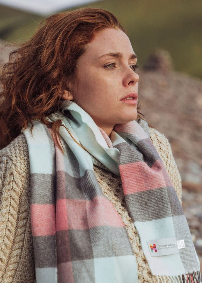 John Hanly Merino Wool Scarf | Aqua Pink Grey Cream Block Check