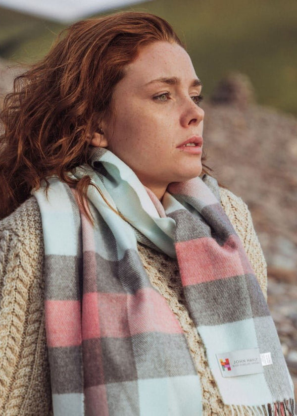 John Hanly Merino Wool Scarf | Aqua Pink Grey Cream Block Check