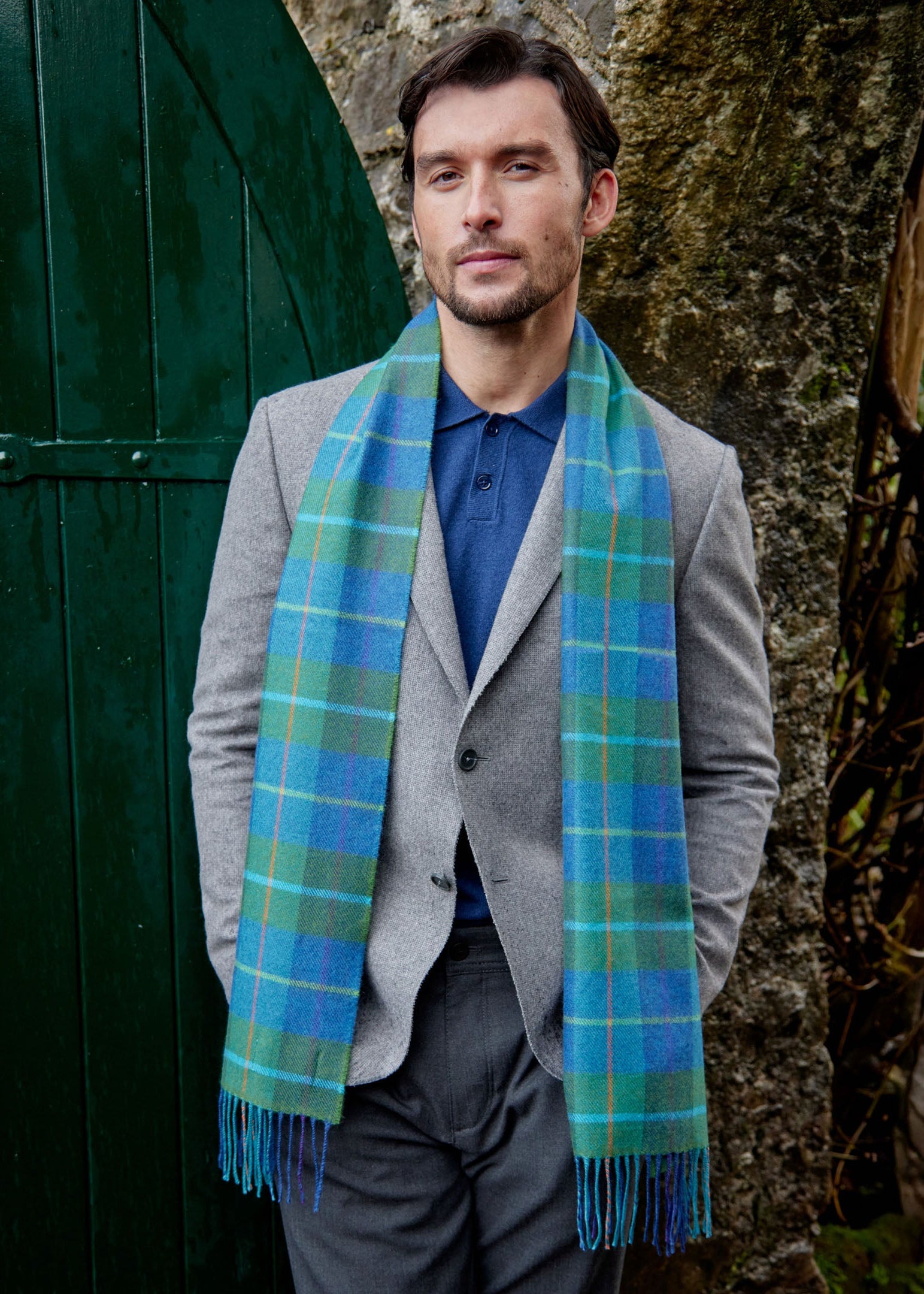 John Hanly Merino Scarf | Denim Green Check