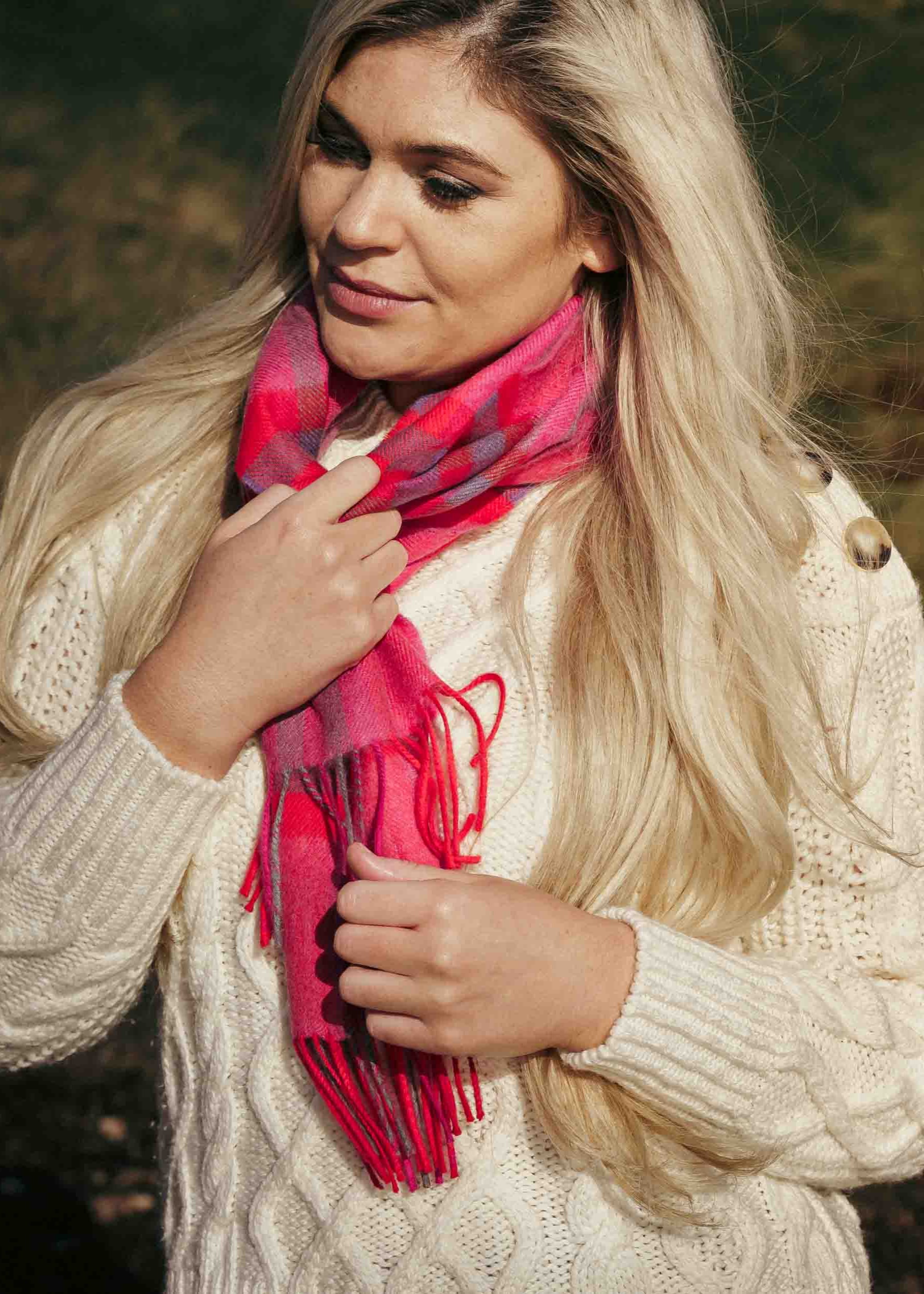 John Hanly Merino Scarf | Pink Red Check