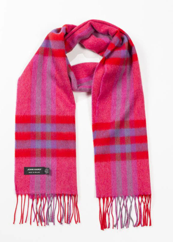 John Hanly Merino Wool Scarf | Pink Red Purple Check | Made in Ireland
