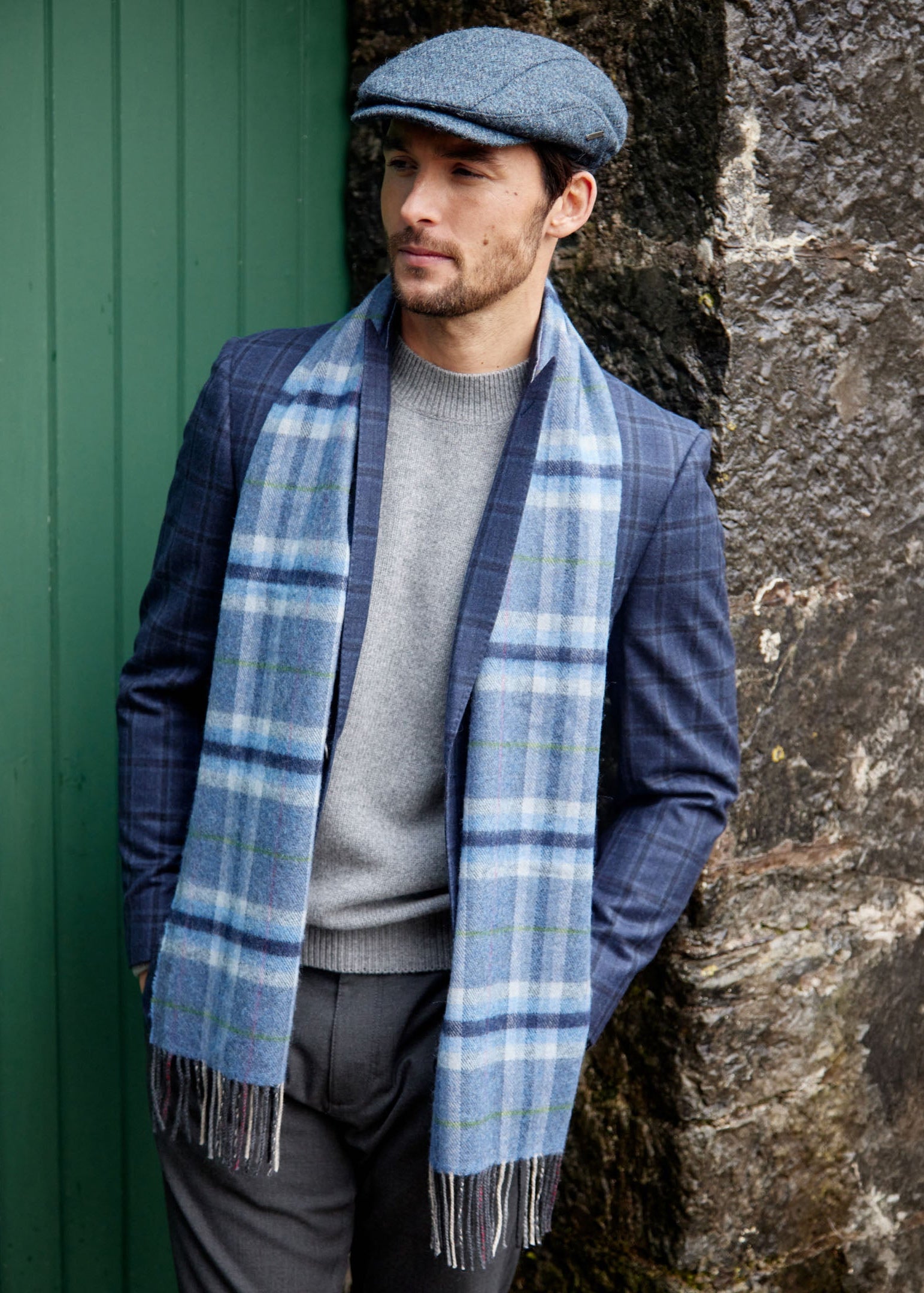 Merino Luxury Wool Scarf Denim Grey Plaid