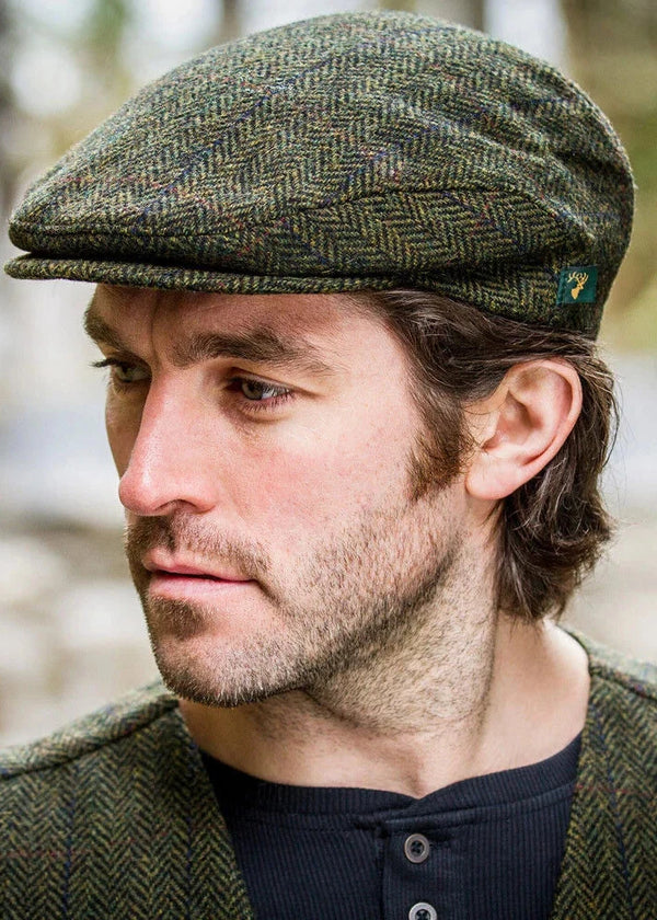 Mucros Trinity Cap | Green Herringbone Wool Flat Cap