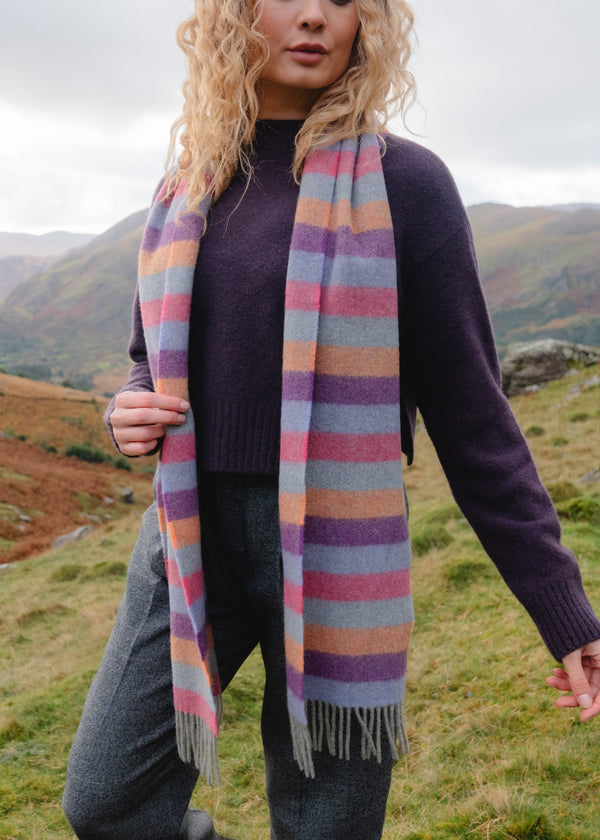 John Hanly Lambswool Scarf | Purple Orange Pink Stripe