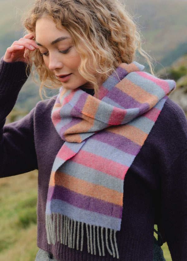 John Hanly Lambswool Scarf | Purple Orange Pink Stripe