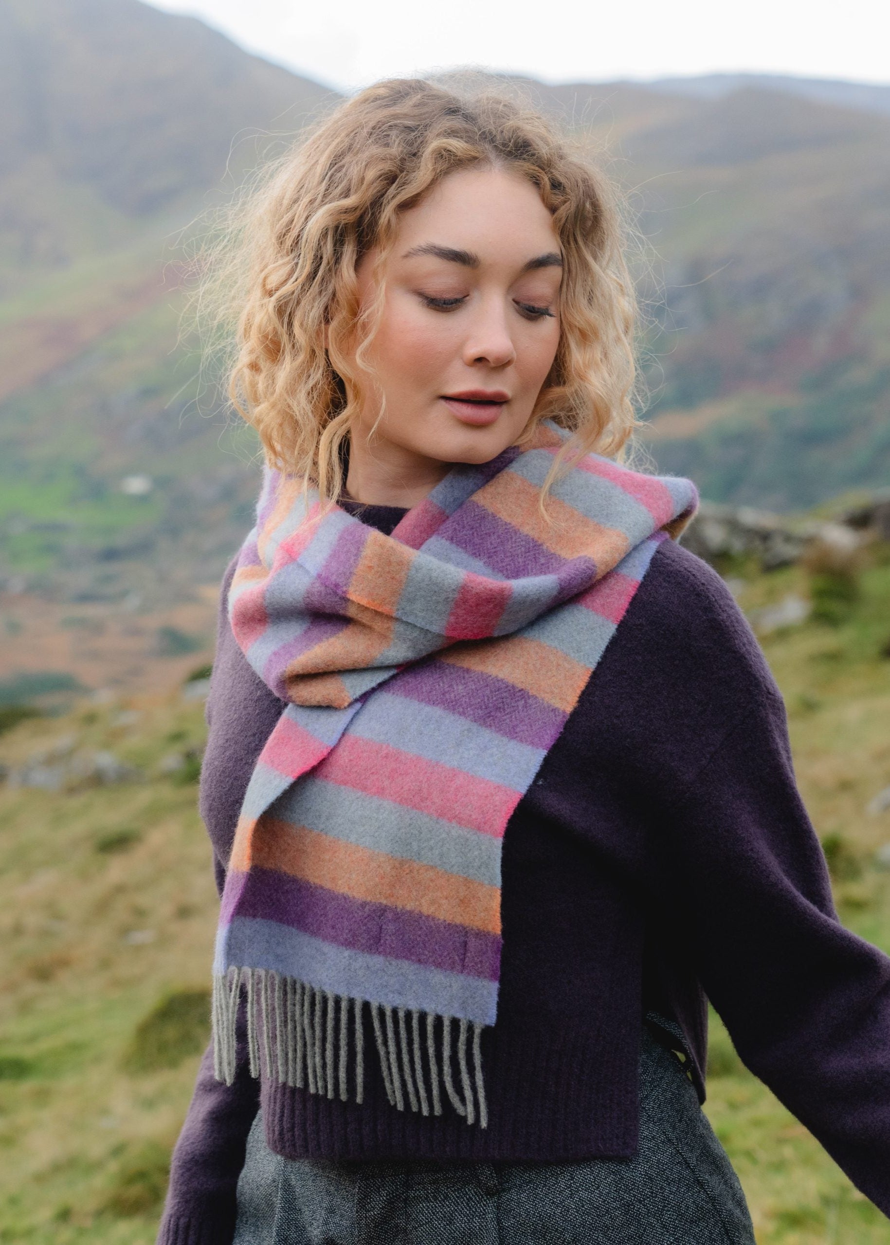 John Hanly Lambswool Scarf | Purple Orange Pink Stripe