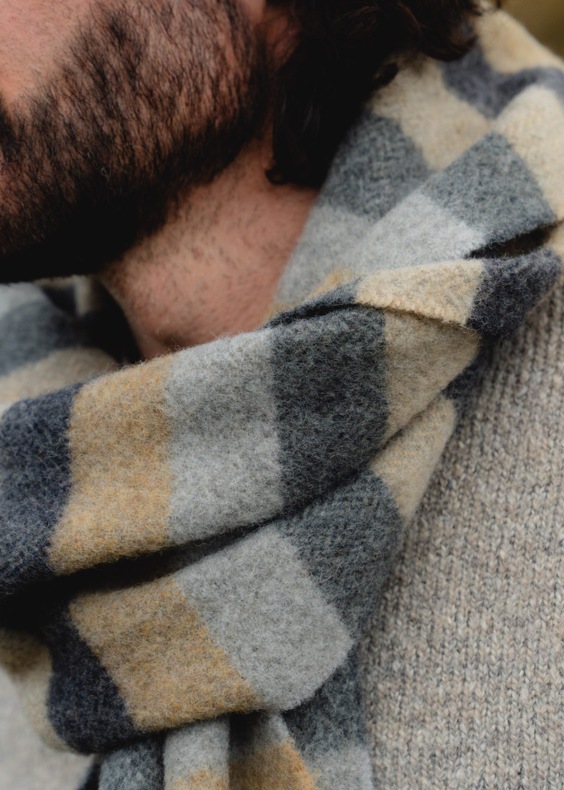 John Hanly Lambswool Scarf | Grey Camel Silver Stripe