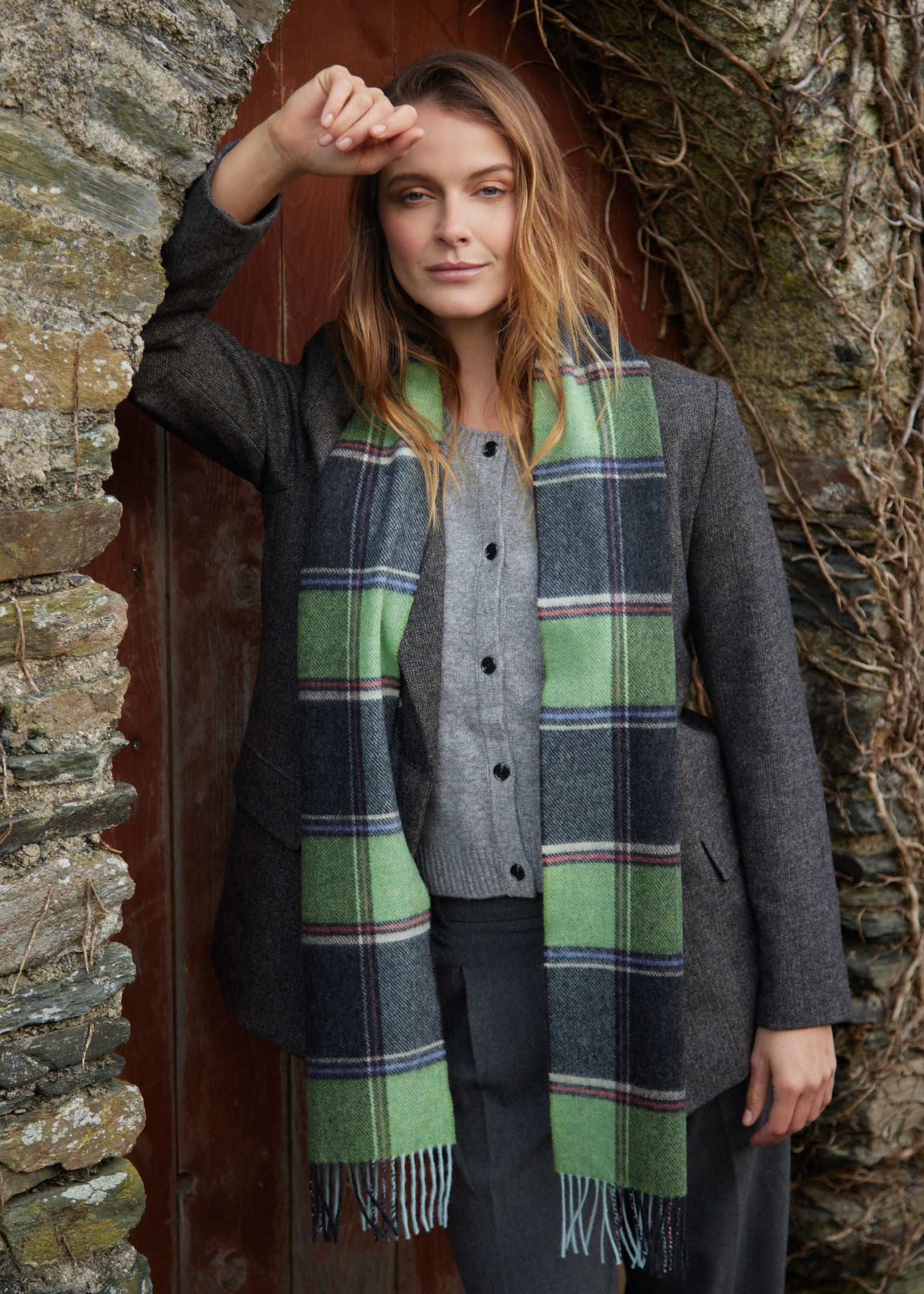 John Hanly Long Scarf | Green Charcoal Multi Block Check