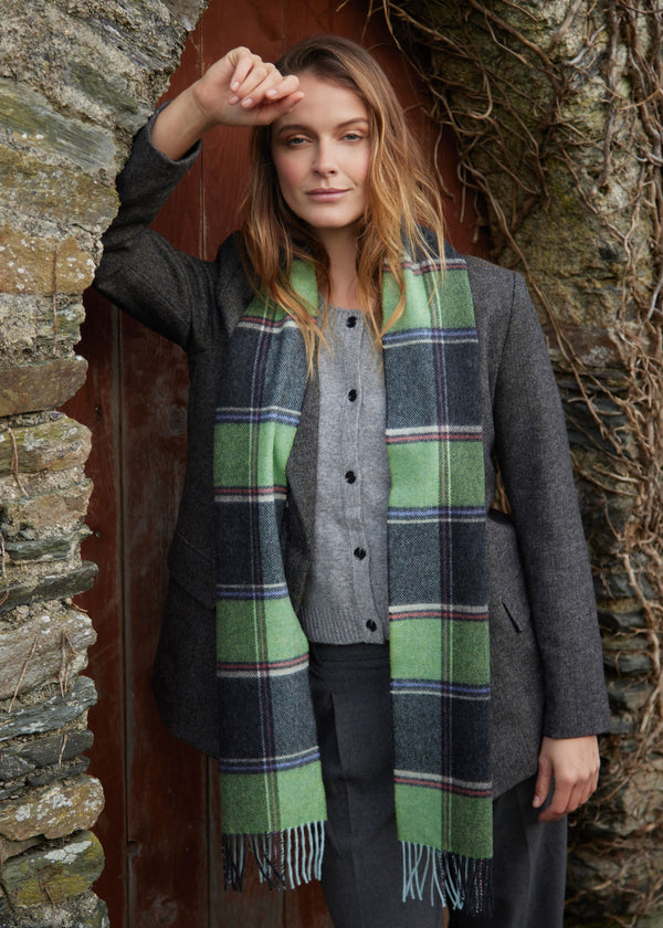 John Hanly Long Scarf | Green Charcoal Multi Block Check
