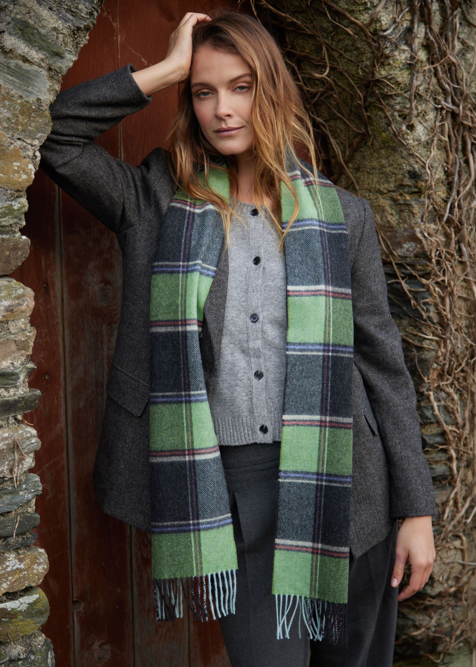 John Hanly Long Scarf | Green Charcoal Multi Block Check