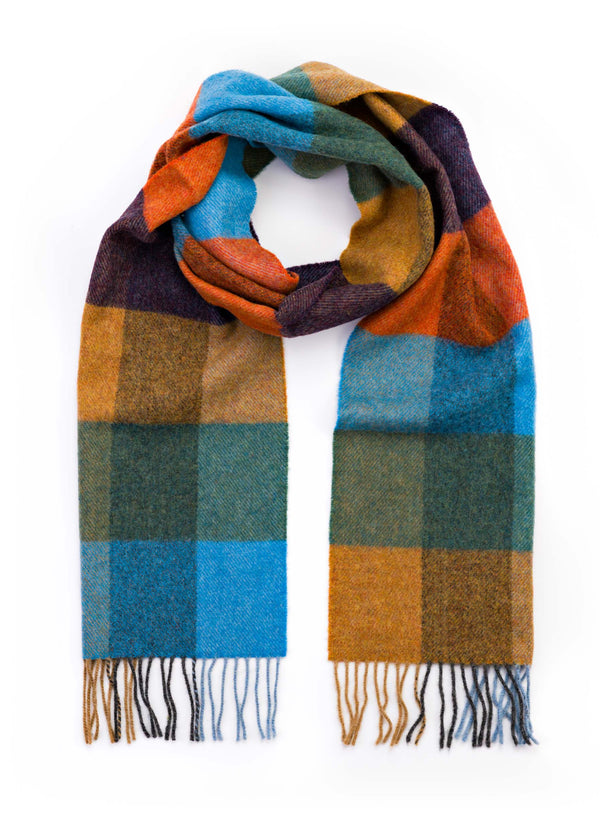 John Hanly Lambswool Scarf | Mustard Green Blue