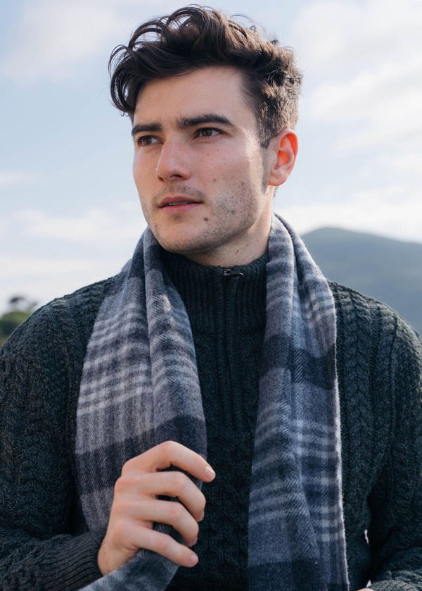 John Hanly Lambswool Scarf | Grey Charcoal Silver Block Check