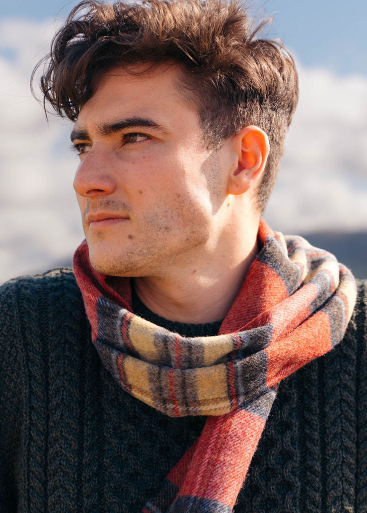 Irish Wool Scarf Long Red Grey Straw Plaid