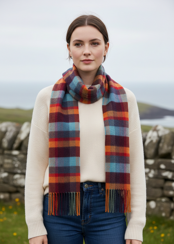 John Hanly Lambswool Scarf Orange Teal Block