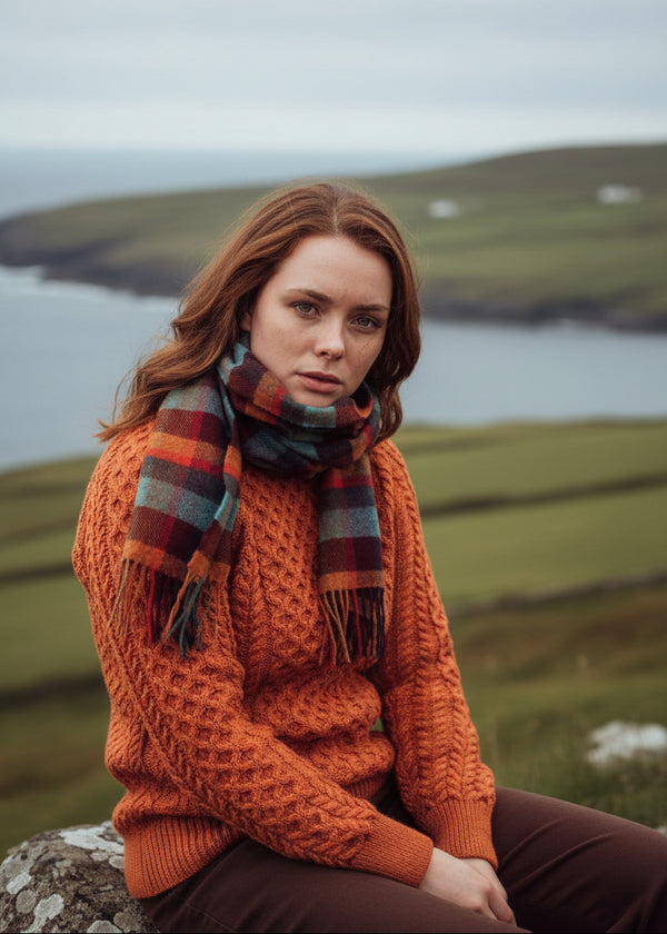 John Hanly Lambswool Scarf Orange Teal Block