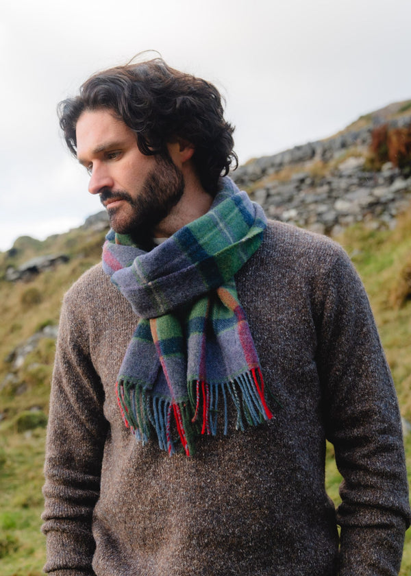 John Hanly Lambswool Scarf | Green Navy Check | Irish Heritage