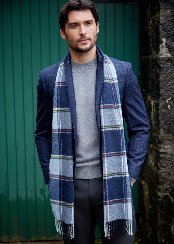 John Hanly Long Scarf | Blue Navy Multi Block Check