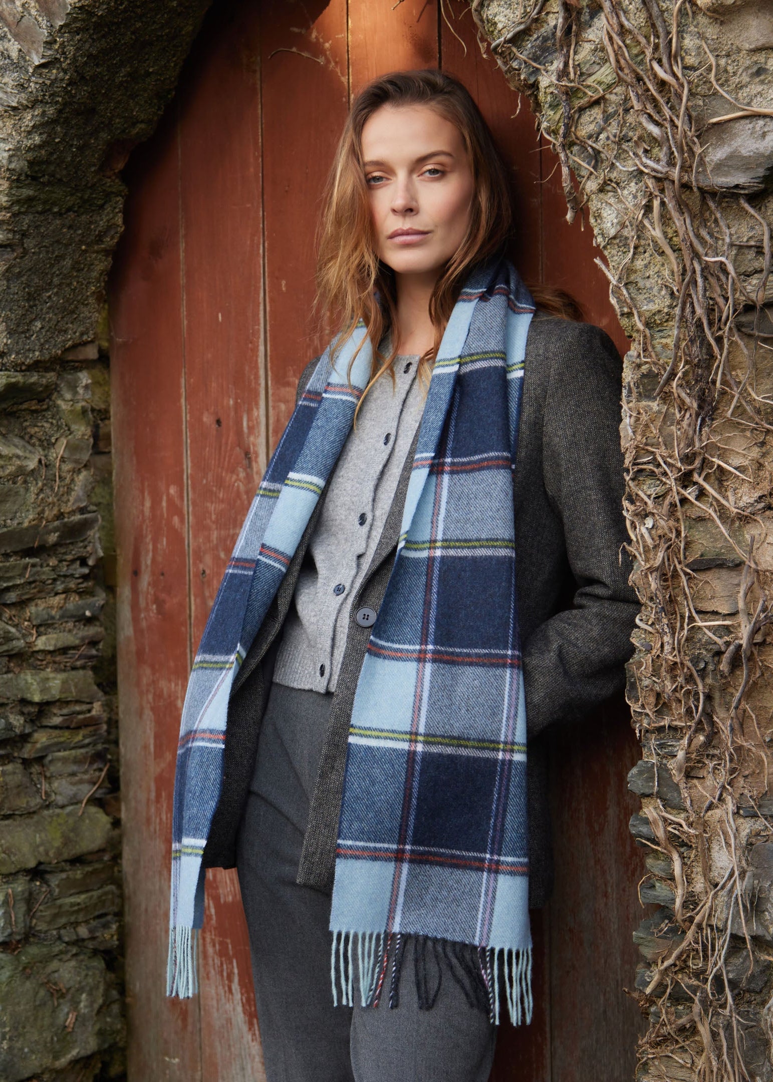 John Hanly Long Scarf | Blue Navy Multi Block Check