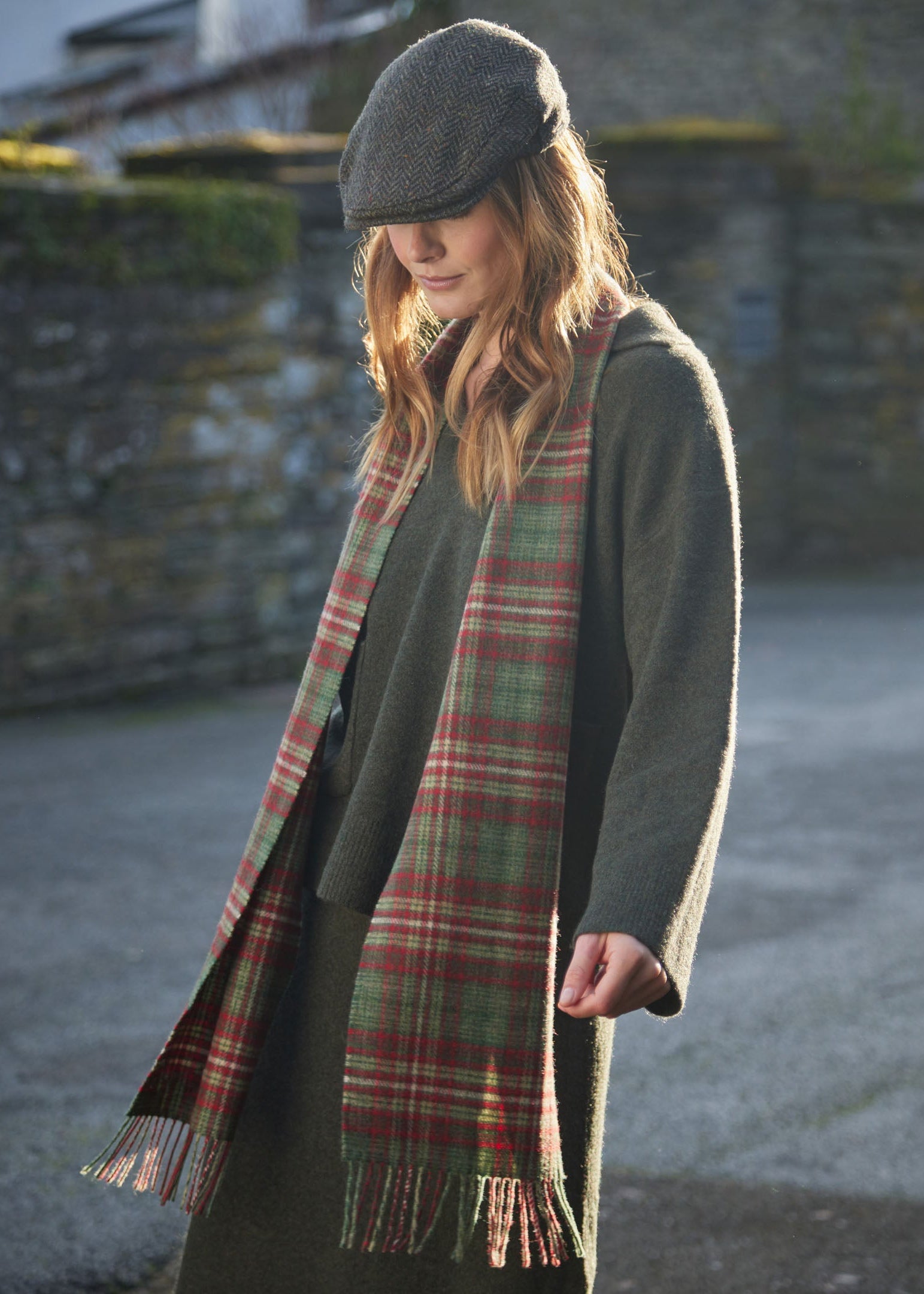 John Hanly Long Scarf | Mixed Greens Red Check