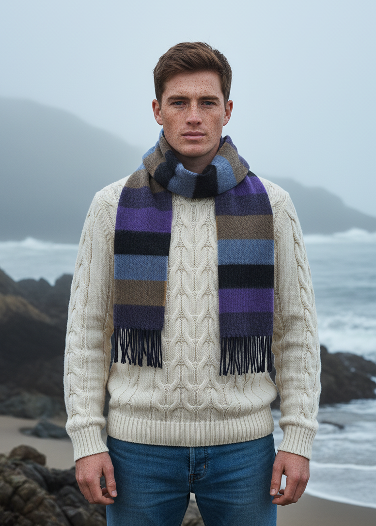 Irish Wool Scarf Long Purple Charcoal Blue Tan Stripe