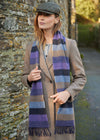 Irish Wool Scarf Long Purple Charcoal Blue Tan Stripe