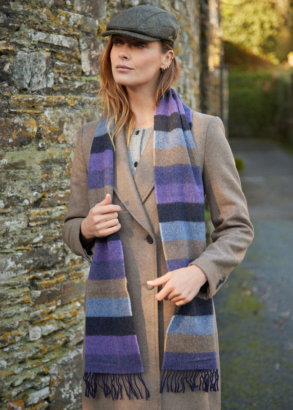 Irish Wool Scarf Long Purple Charcoal Blue Tan Stripe