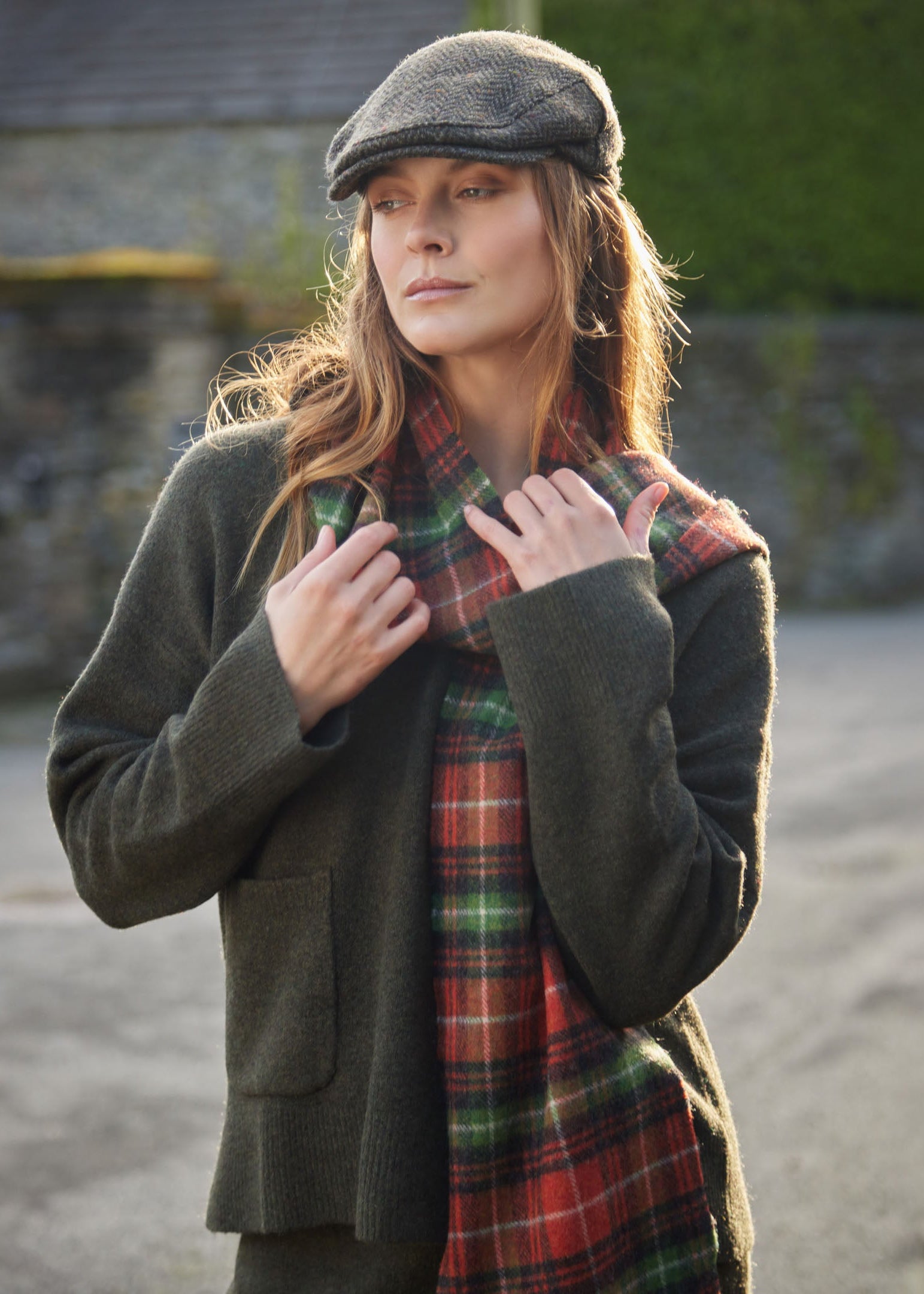 John Hanly Long Scarf | Rust Orange Green Charcoal Check