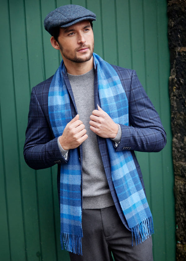 John Hanly Merino Wool Scarf | Blue Navy Plaid | Irish Made