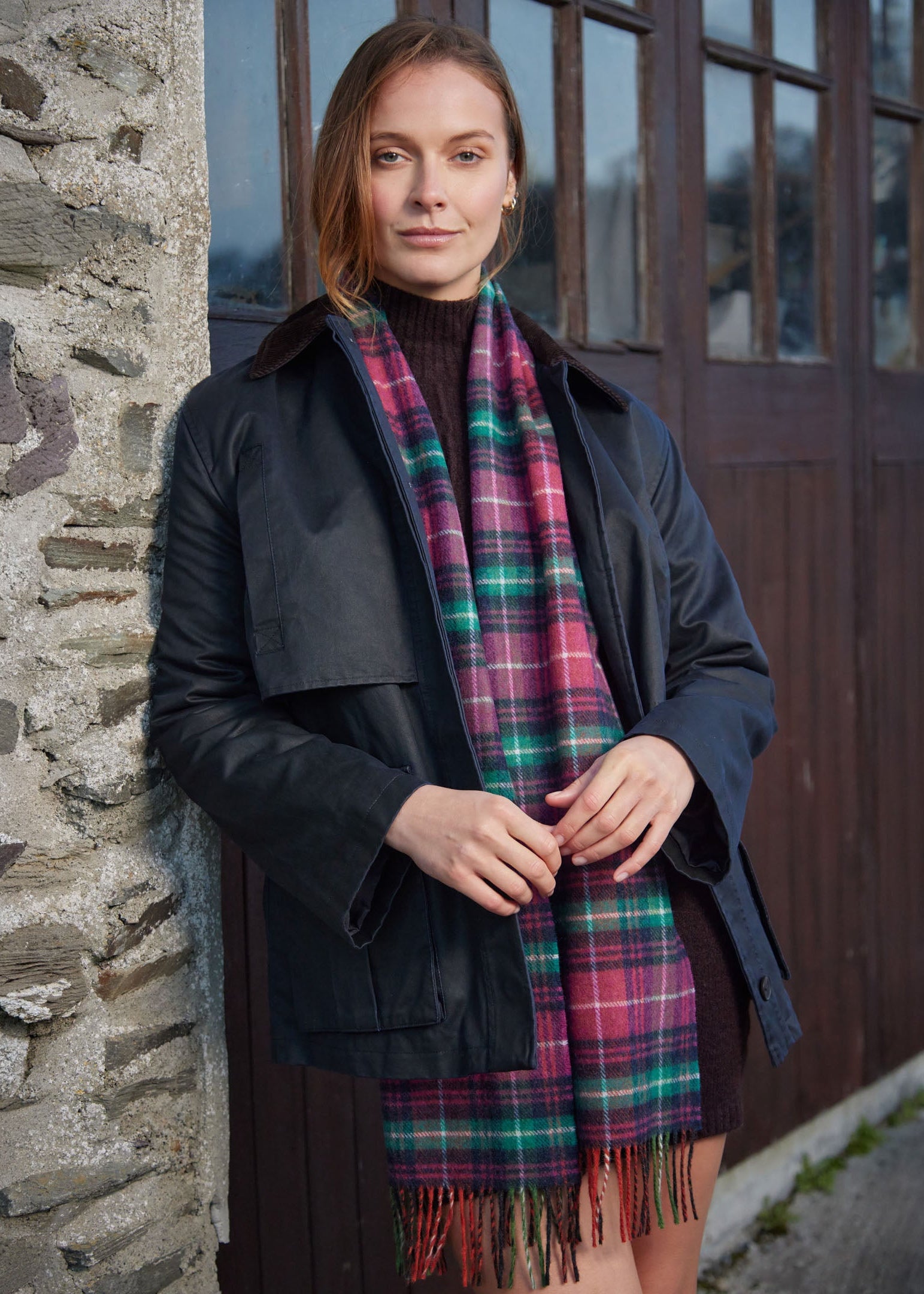 John Hanly Long Scarf | Pink Teal Green Navy Check