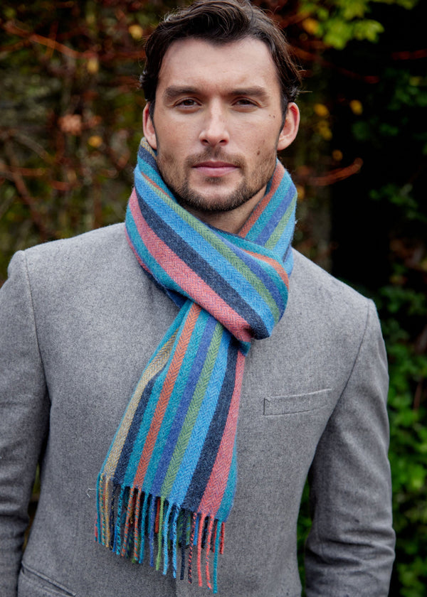 John Hanly Long Scarf | Green Blue Red Rust Navy Herringbone Stripe