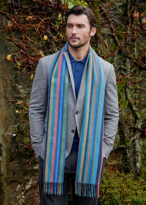 John Hanly Long Scarf | Green Blue Red Rust Navy Herringbone Stripe