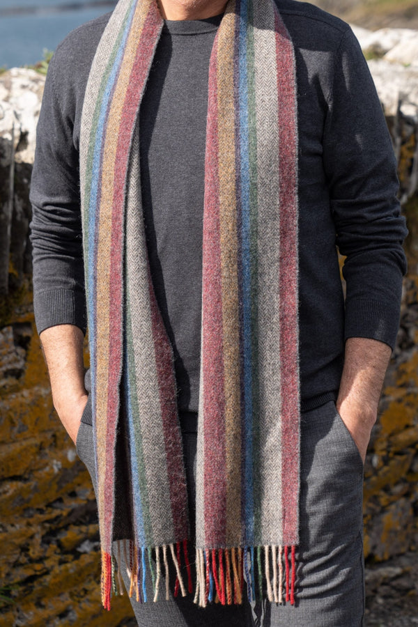 John Hanly Lambswool Scarf | Red Mustard Stripe