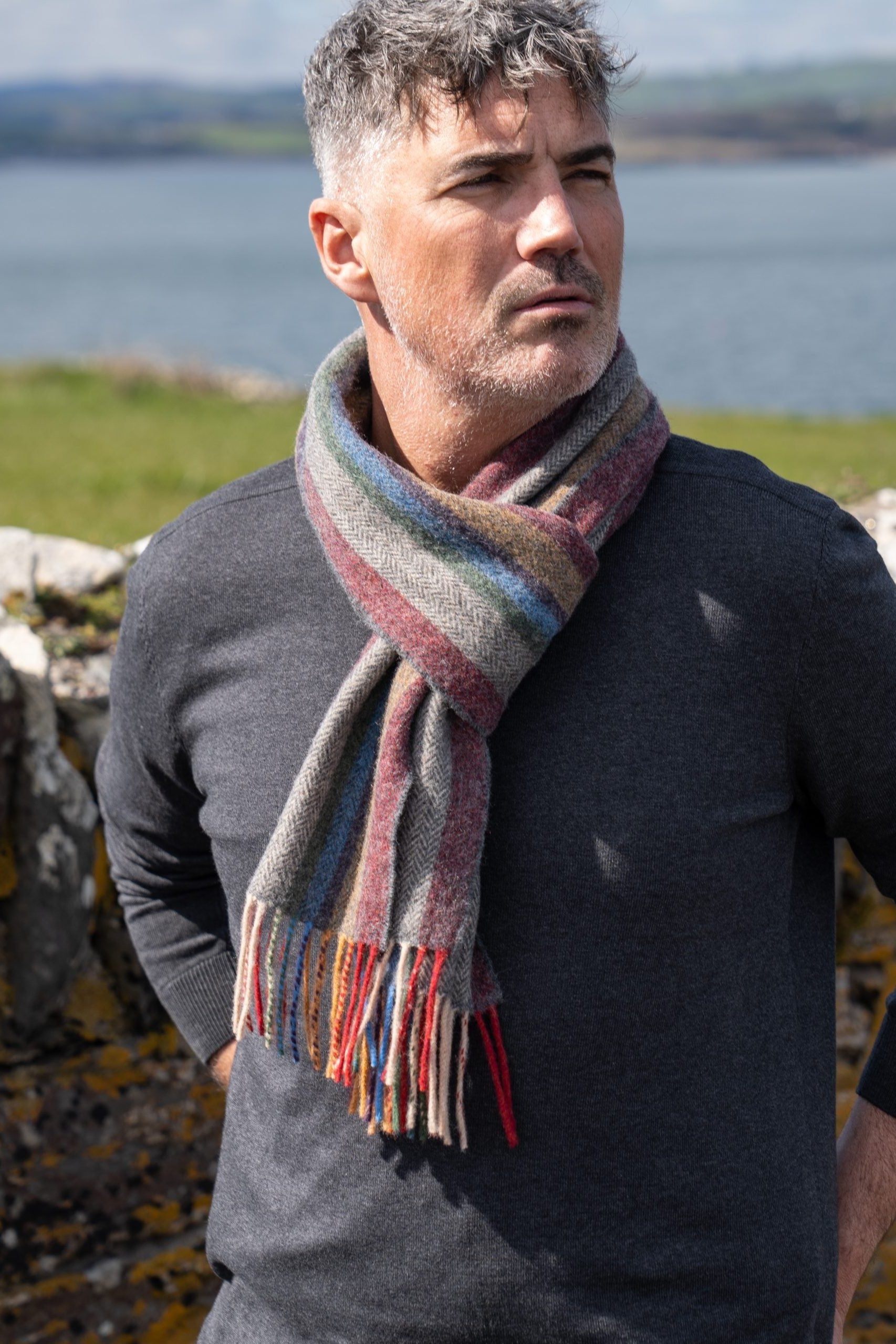 John Hanly Lambswool Scarf | Red Mustard Stripe