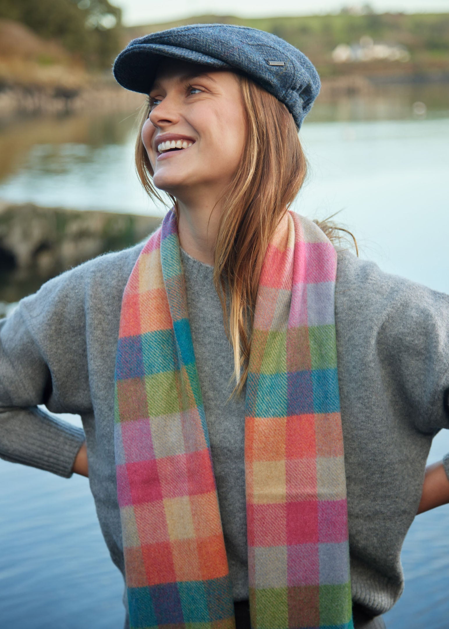 John Hanly Long Scarf | Green Pink Orange Teal Block Check