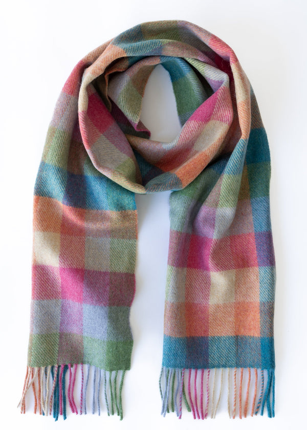 John Hanly Long Scarf | Green Pink Orange Teal Block Check