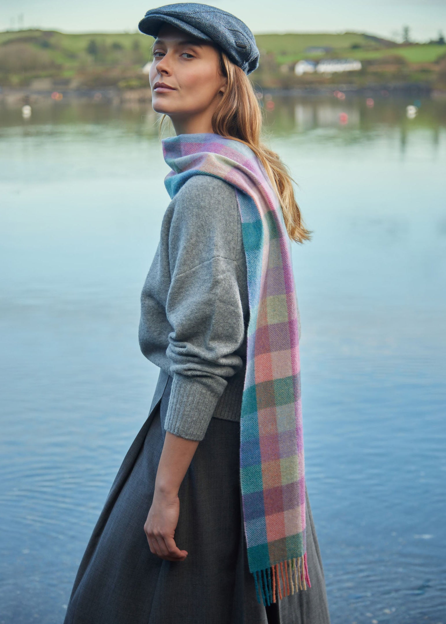 John Hanly Long Scarf | Purple Heather Green Blue Block Check