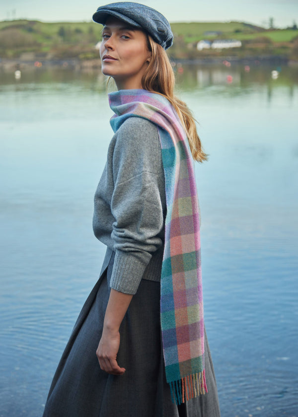 John Hanly Long Scarf | Purple Heather Green Blue Block Check