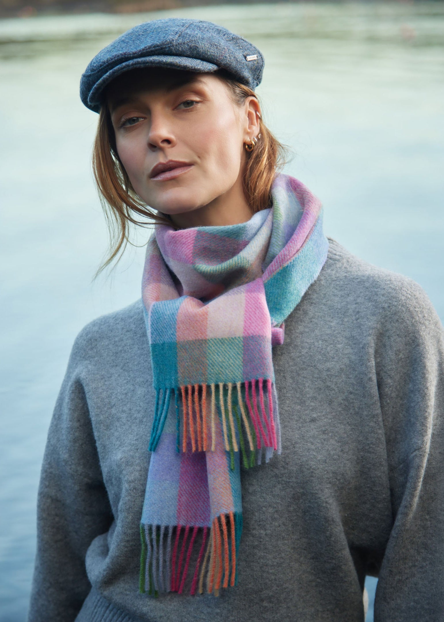 John Hanly Long Scarf | Purple Heather Green Blue Block Check