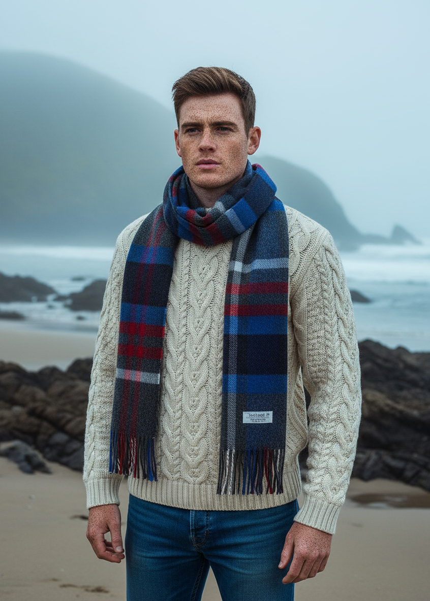 Irish Wool Scarf Long Charcoal Blue Red Check