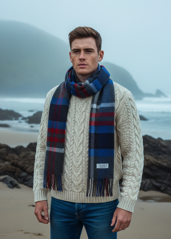 Irish Wool Scarf Long Charcoal Blue Red Check