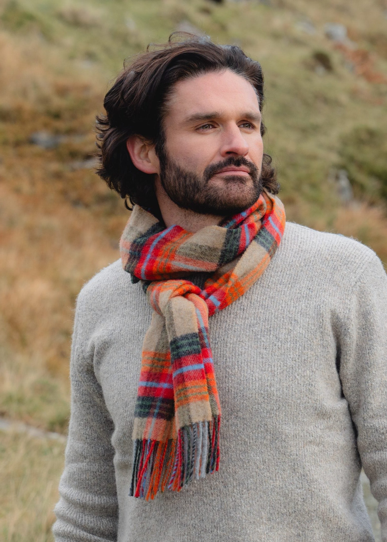 John Hanly Lambswool Scarf | Orange Red Charcoal Plaid