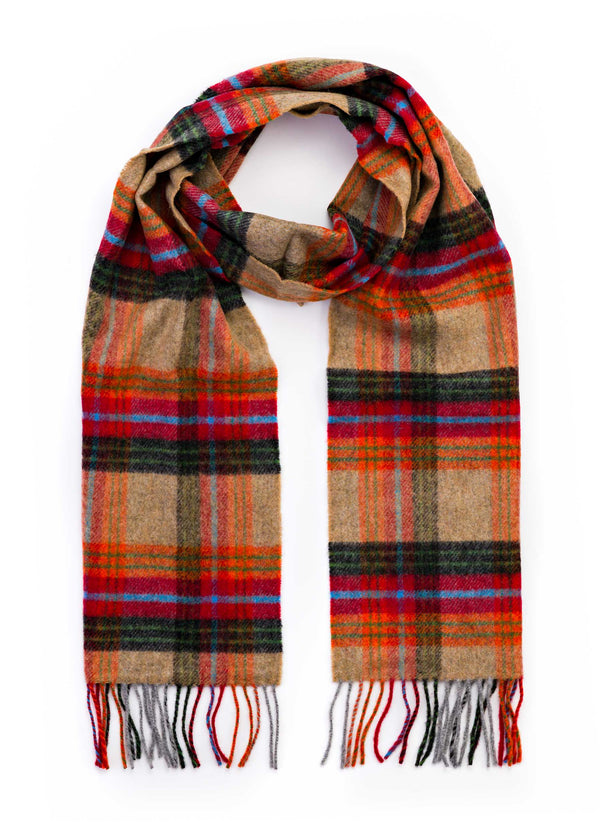 John Hanly Lambswool Scarf | Orange Red Charcoal Plaid