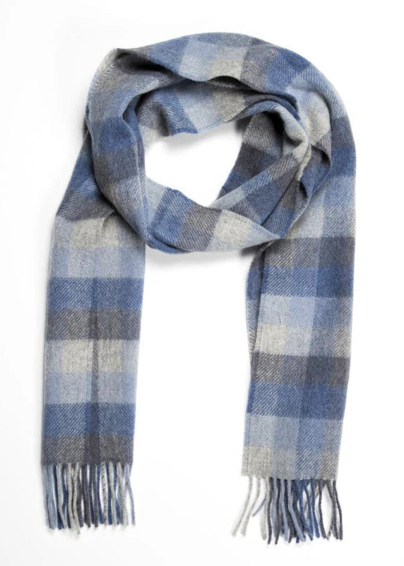 John Hanly Lambswool Scarf | Blue Grey Block Check