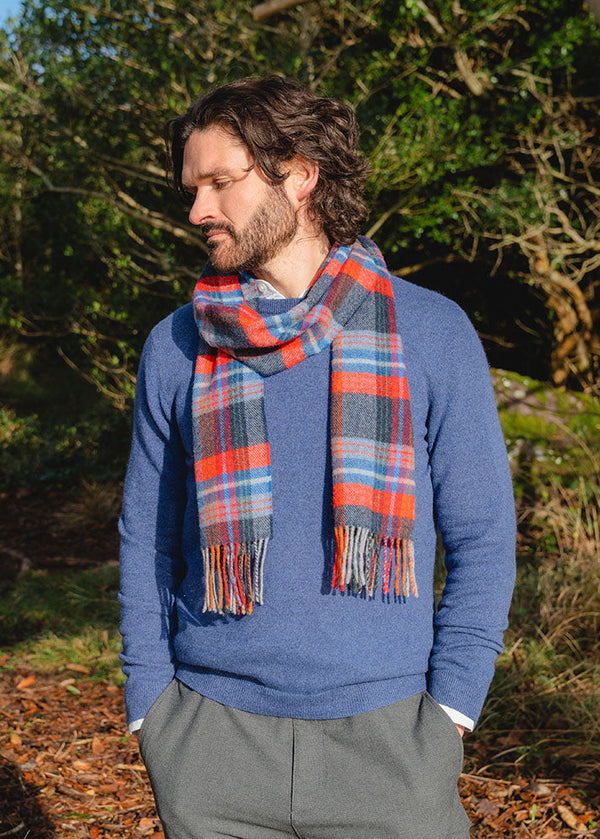 John Hanly Lambswool Scarf | Navy Red Blue Wine Plaid | Irish Made