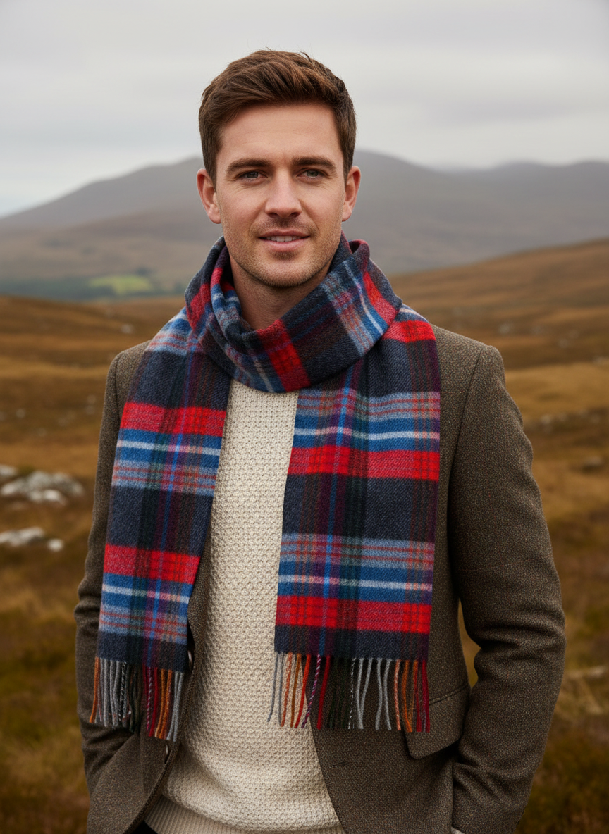 Man wearing a plaid scarf in a scenic outdoor setting with mountains.