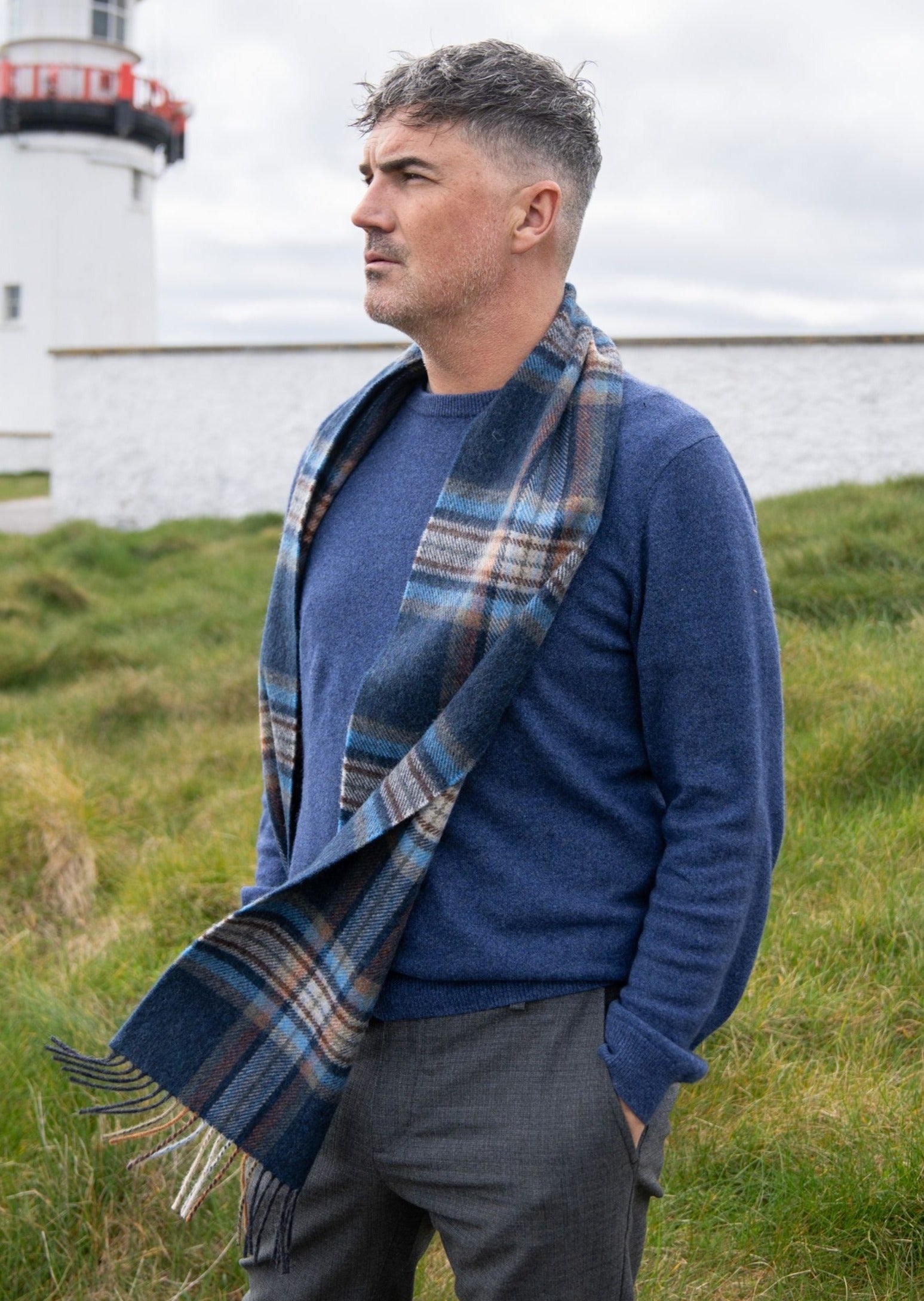 John Hanly Lambswool Scarf | Navy Orange Check