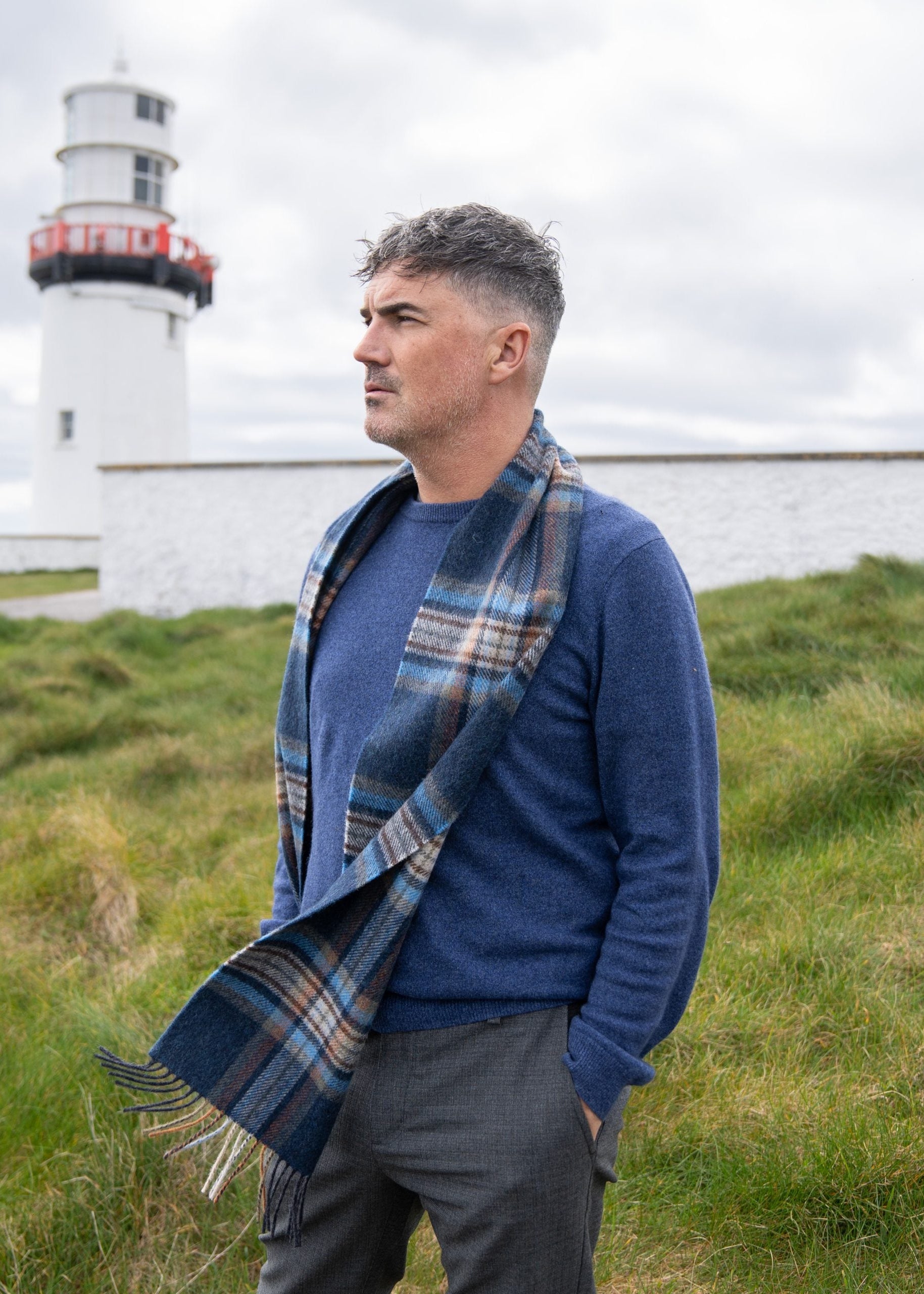 John Hanly Lambswool Scarf | Navy Orange Check