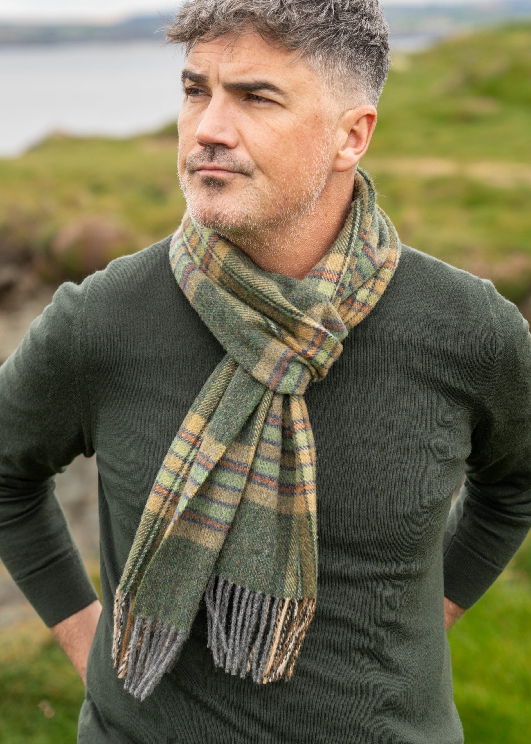 John Hanly Lambswool Scarf | Green Mint Mustard