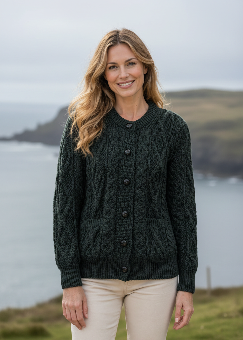 Inagh Ladies Aran Cardigan | Army Green | 100% Worsted Wool