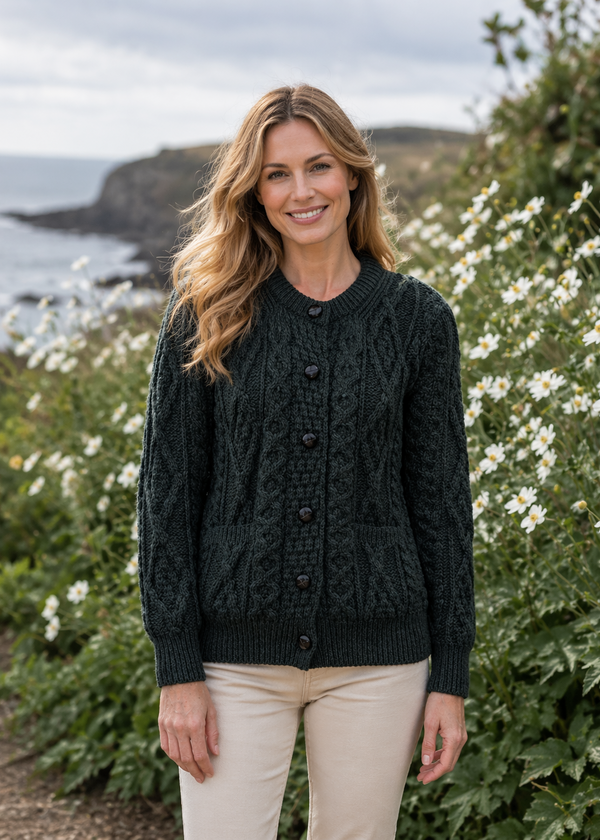 Inagh Ladies Aran Cardigan | Army Green | 100% Worsted Wool